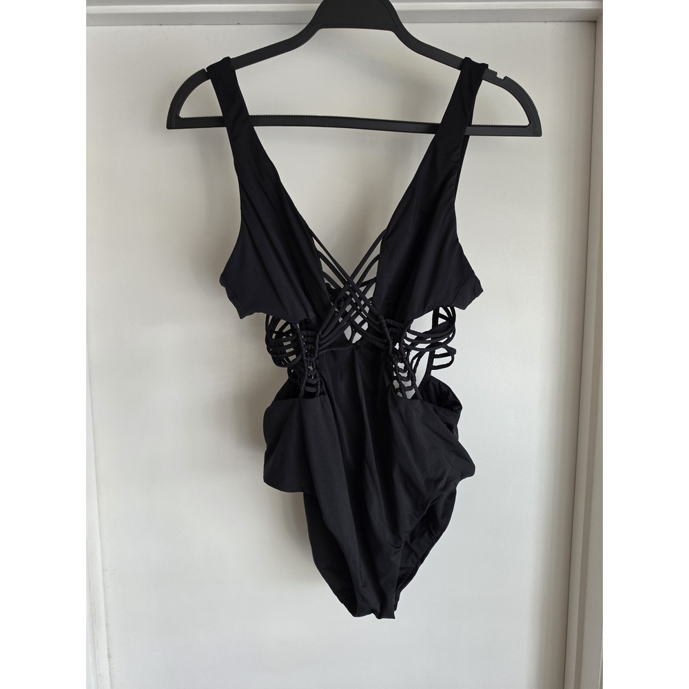BECCA Rebecca Virtue Black One Piece Swimsuit V-Neck Sleeveless Resort Boho